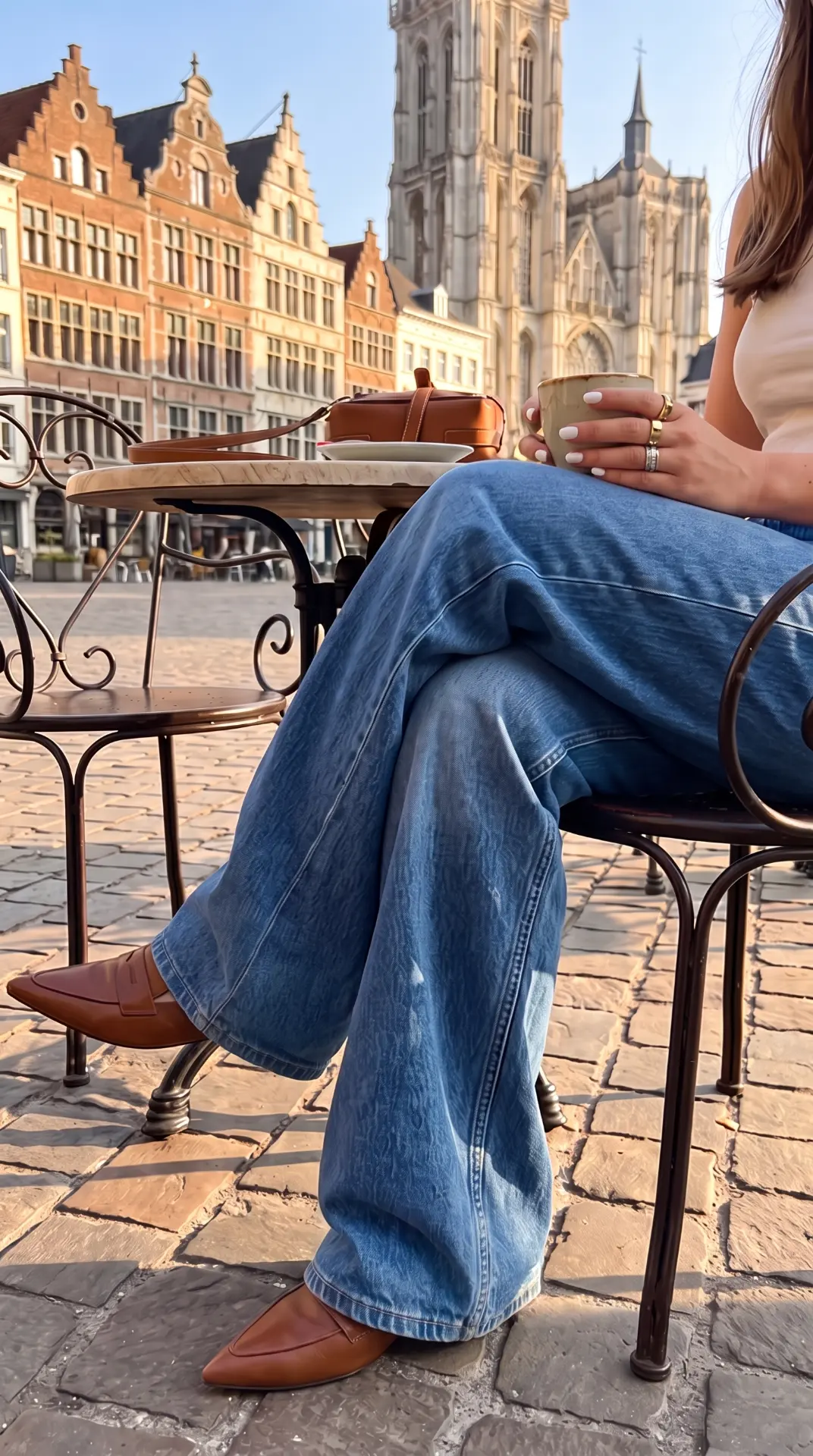 Wijde jeans op een terras