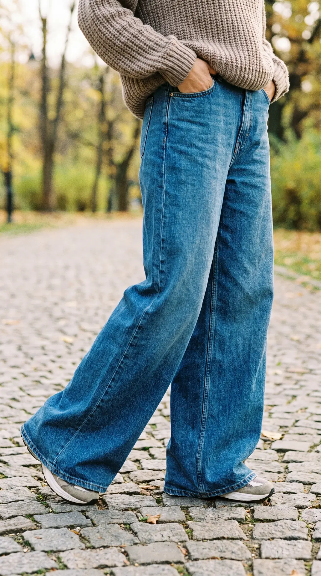 Wijde lichtblauwe jeans op straat